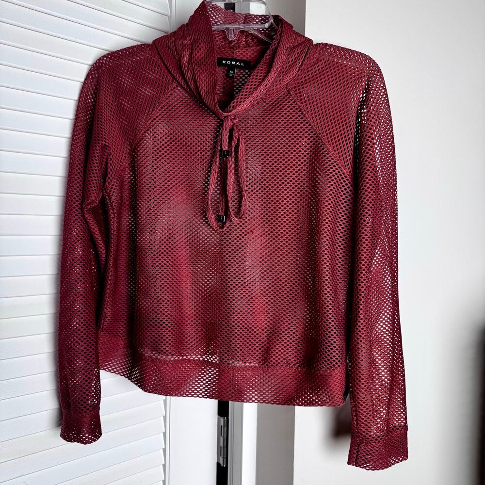 Koral Activewear Red Mesh Long Sleeve Drawstring Cowl Hoodie Top XS